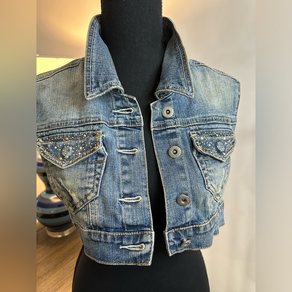 Americana Blues Distressed Embellished Sleeveless Vest - Size S - Picture 6 of 13